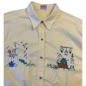 Vintage PBJ Classic‎ Summer Garden Floral Embroidered Shirt Size Large Yellow